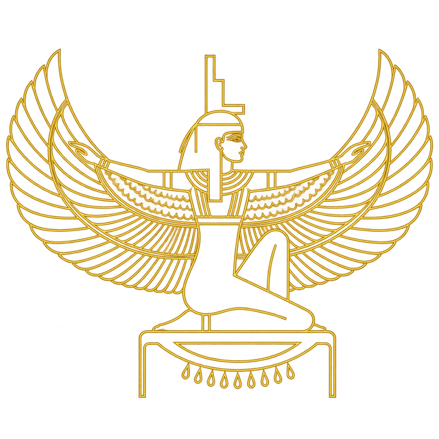 Isis sentada de perfil mirando hacia la izquierda, con las alas extendidas, ilustrada en líneas doradas
